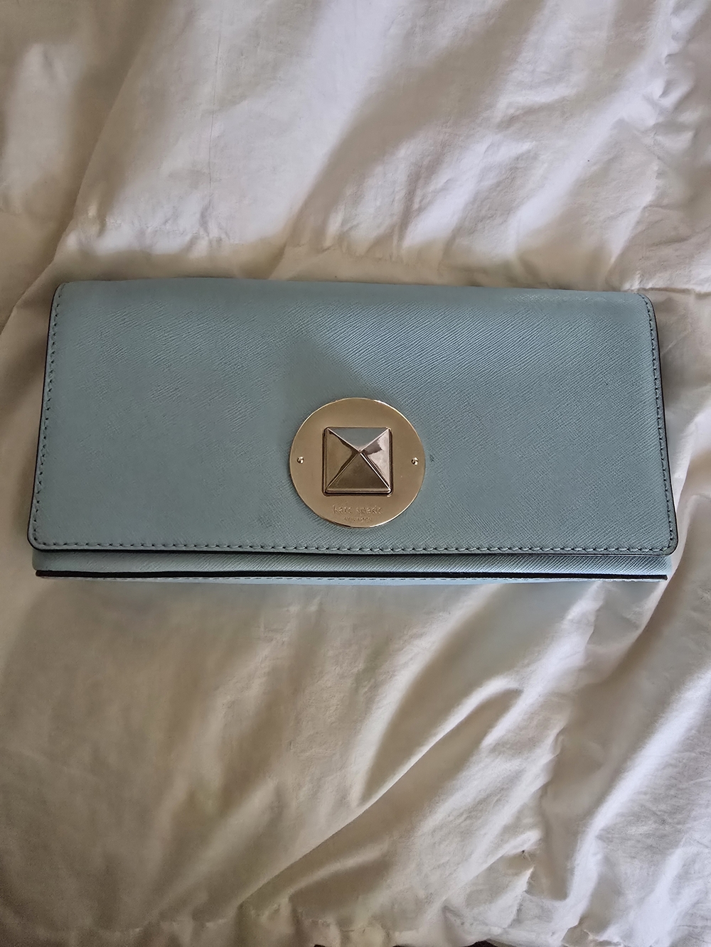 Kate Spade Light Blue Leather Clutch Wallet with Gold Accent